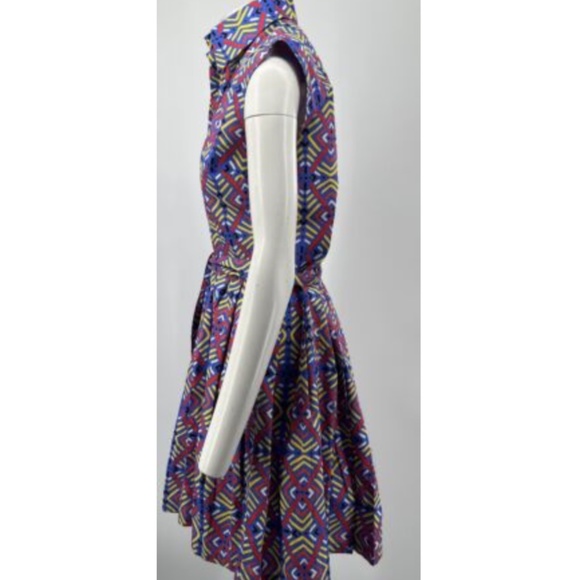 Eliza Christoph Blue Sleeveless Pleated Belted Multicolor Print Shirt Dress sz M - Picture 2 of 5